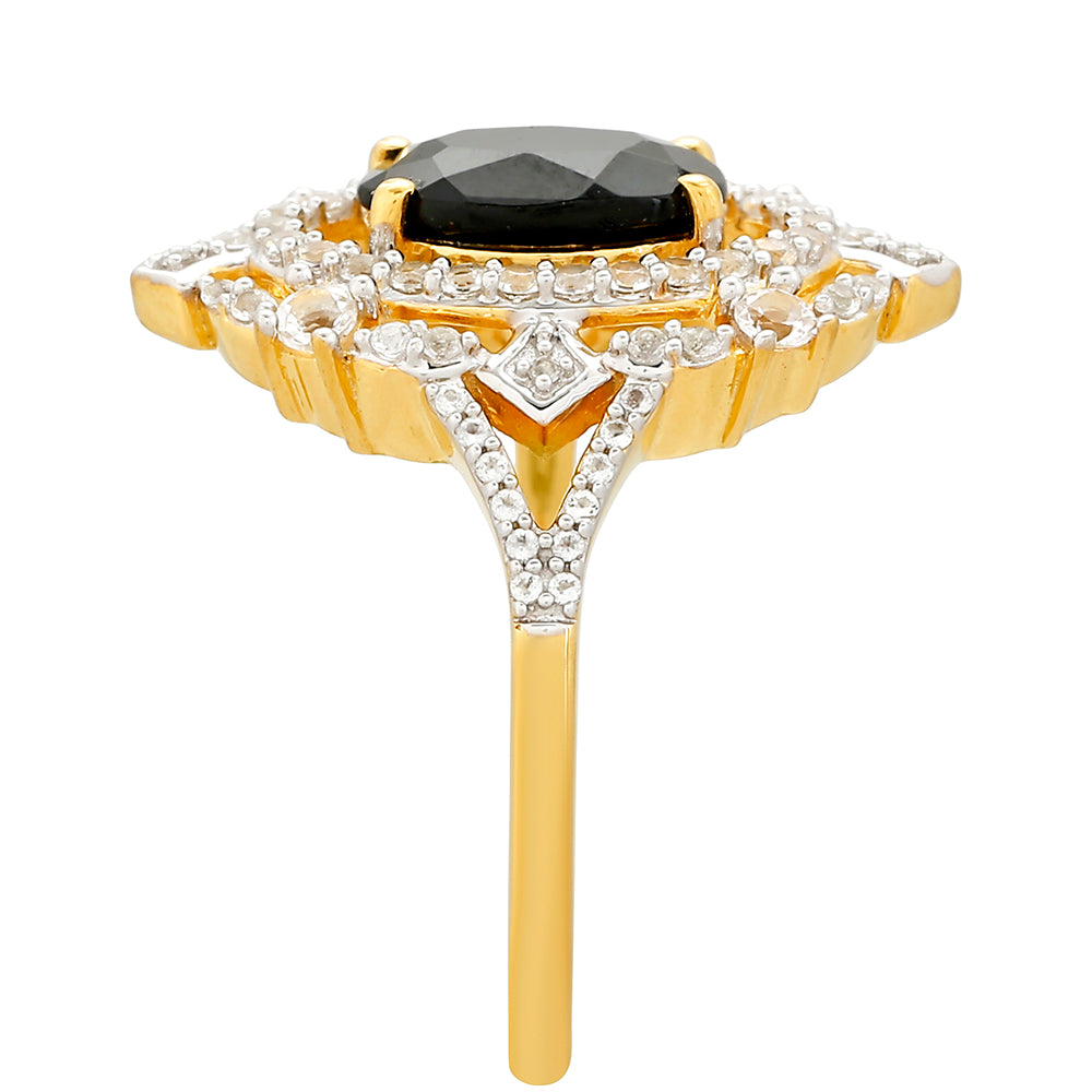 Inel din Argint 925 Placat cu Aur ( 3.48 grame ) cu Turmalină Neagră și Topaz Alb 2.07 Carate 3 