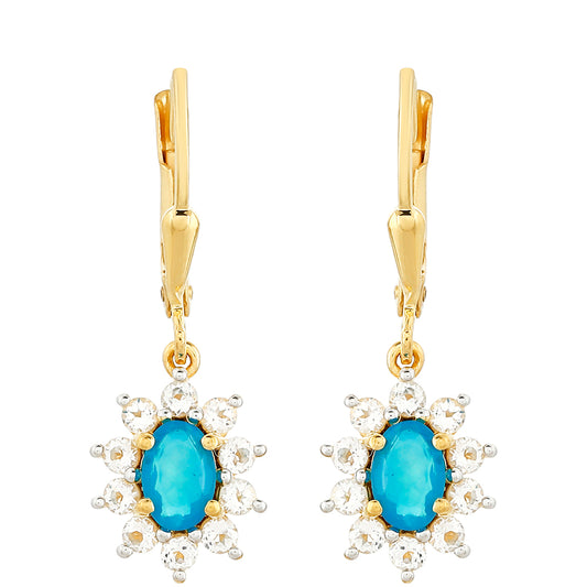 Cercei din Argint 925 Placat cu Aur ( 2.22 grame ) cu Opal Albastru Etiopian Paraiba și Topaz Alb 1.45 Carate