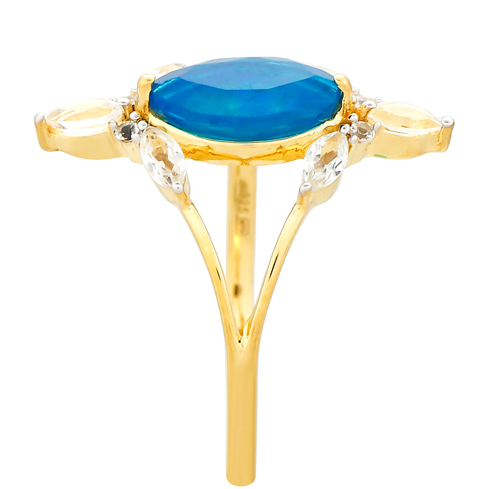 Inel din Argint 925 Placat cu Aur ( 2.32 grame ) cu Opal Albastru Etiopian Paraiba și Topaz Alb 1.24 Carate 3 