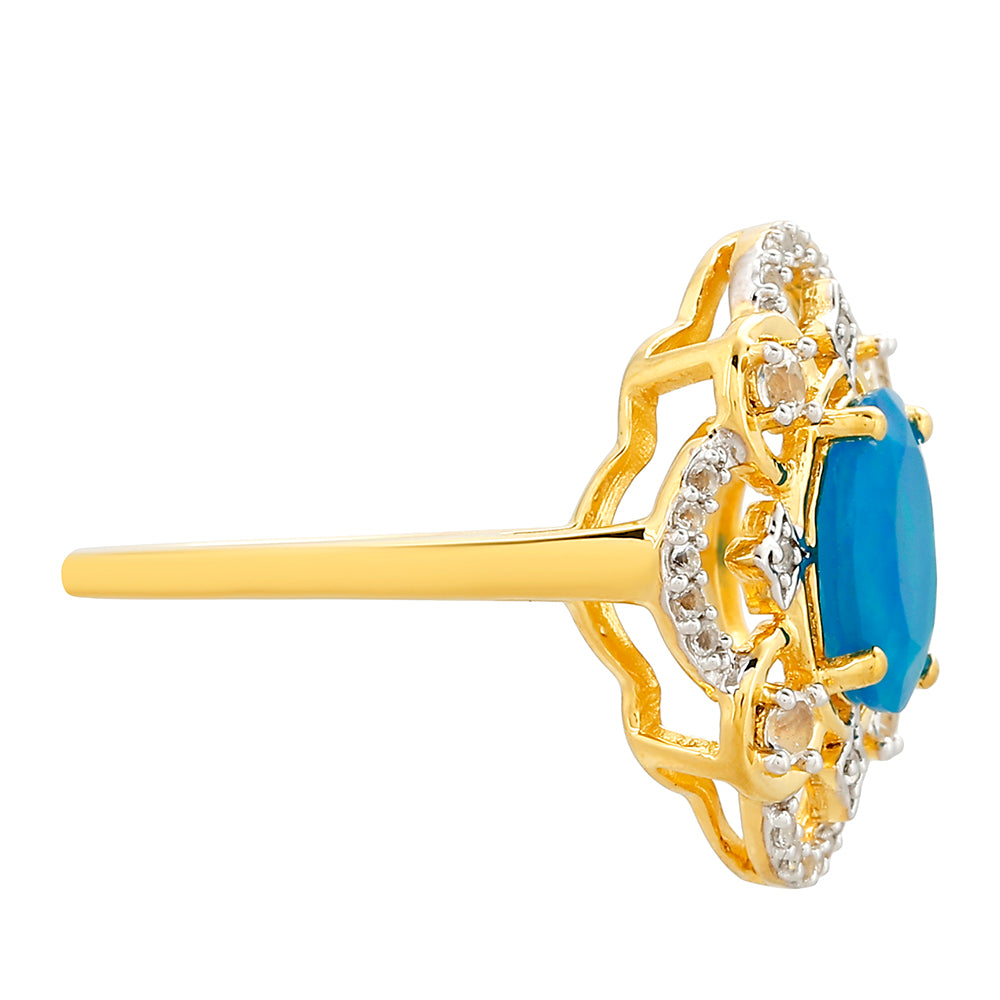 Inel din Argint 925 Placat cu Aur ( 2.78 grame ) cu Opal Albastru Etiopian Paraiba și Topaz Alb 1.29 Carate