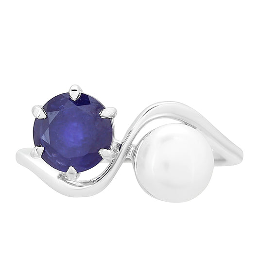 Inel din Argint 925 ( 1.86 grame ) cu Safir Thailandez și Perlă de Apă Dulce Albă 3.91 Carate