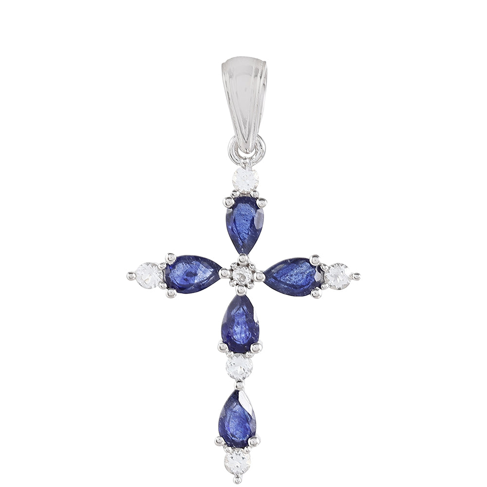 Cruce Pandantiv din Argint 925 ( 1.59 grame ) cu Safir Thailandez și Topaz Alb 1.94 Carate