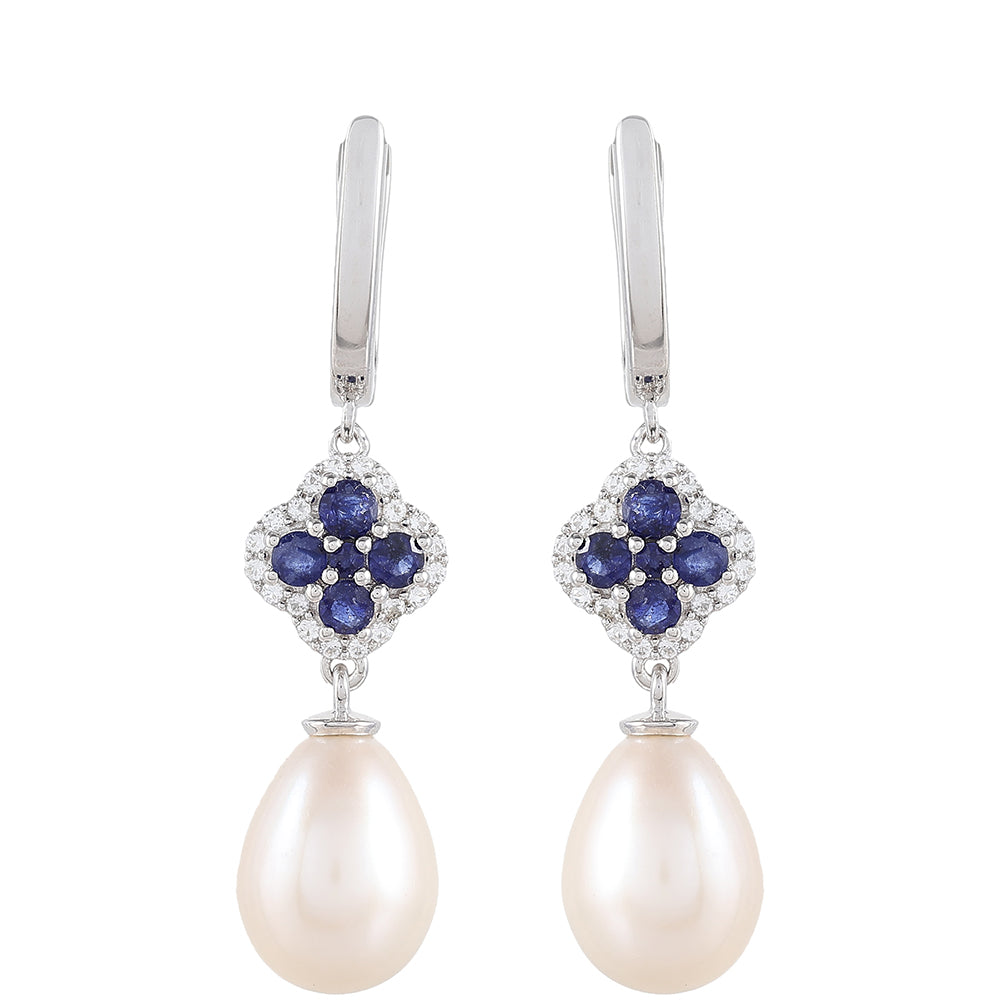 Cercei din Argint 925 ( 2.34 grame ) cu Safir Thailandez și Perlă de Apă Dulce Albă 13.05 Carate 1 