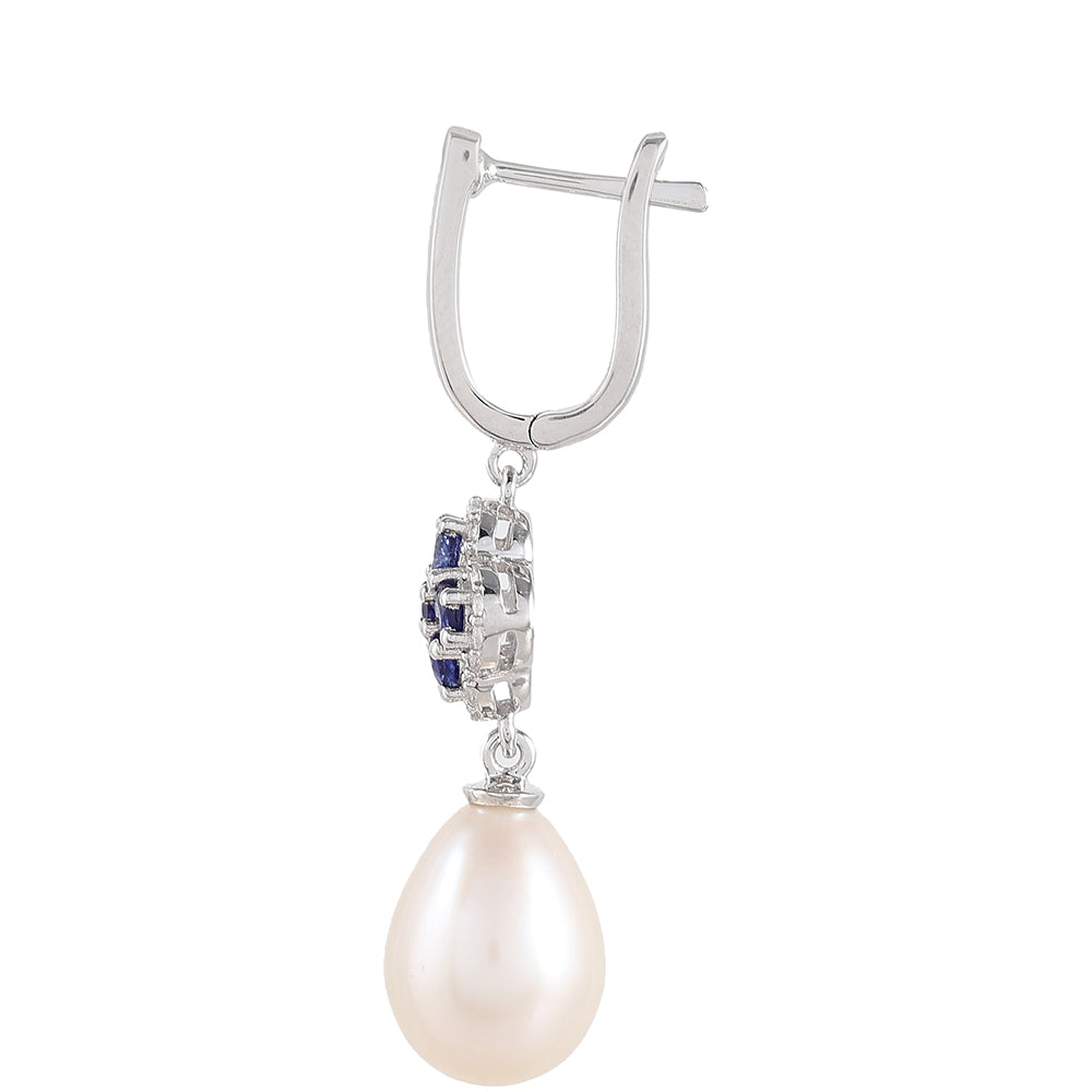 Cercei din Argint 925 ( 2.34 grame ) cu Safir Thailandez și Perlă de Apă Dulce Albă 13.05 Carate 2 