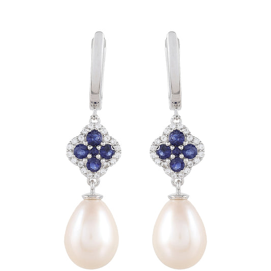 Cercei din Argint 925 ( 2.34 grame ) cu Safir Thailandez și Perlă de Apă Dulce Albă 13.05 Carate