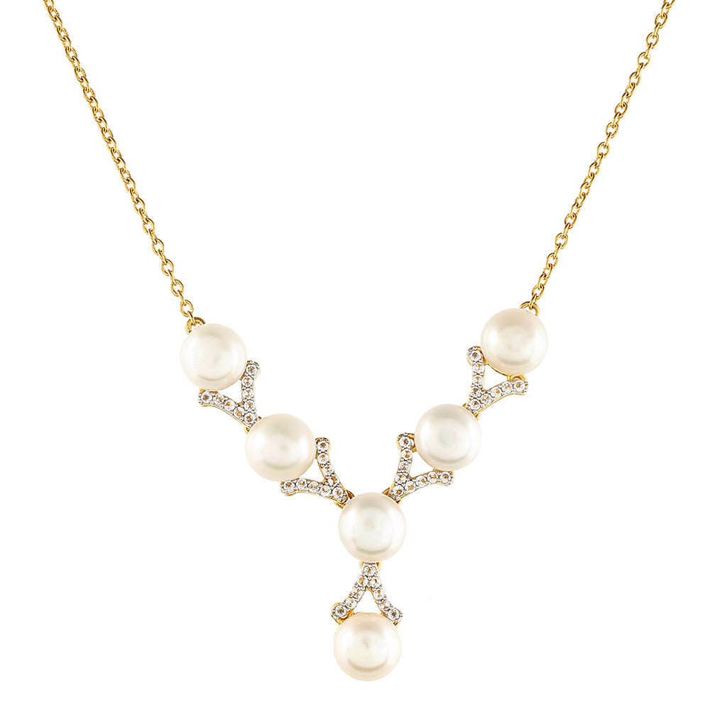 Colier din Argint 925 Placat cu Aur ( 5.22 grame ) cu Perlă de Cultură și Topaz Alb 12.83 Carate
