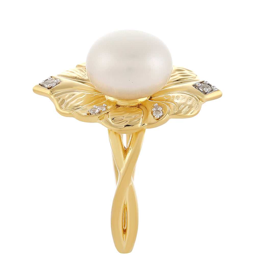 Inel din Argint 925 Placat cu Aur ( 4.81 grame ) cu Perlă de Cultură și Topaz Alb 5.96 Carate