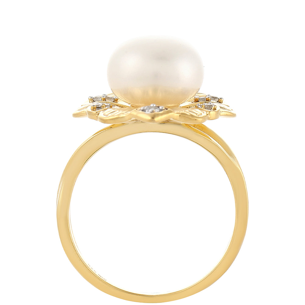 Inel din Argint 925 Placat cu Aur ( 4.81 grame ) cu Perlă de Cultură și Topaz Alb 5.96 Carate