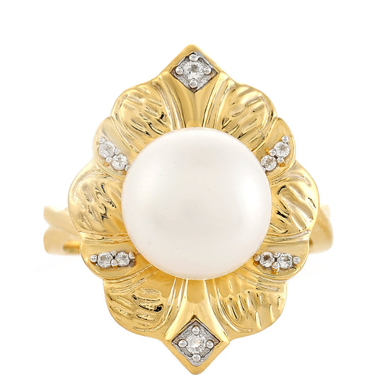 Inel din Argint 925 Placat cu Aur ( 4.81 grame ) cu Perlă de Cultură și Topaz Alb 5.96 Carate