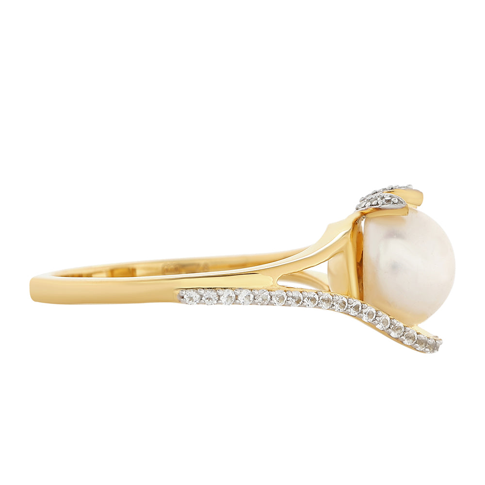 Inel din Argint 925 Placat cu Aur ( 2.28 grame ) cu Perlă de Cultură și Topaz Alb 2.84 Carate