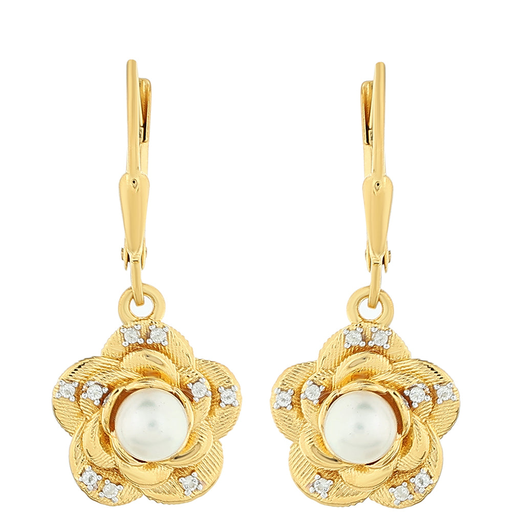 Cercei din Argint 925 Placat cu Aur ( 3.93 grame ) cu Perlă de Cultură și Topaz Alb 1.18 Carate 1 