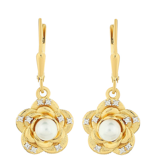 Cercei din Argint 925 Placat cu Aur ( 3.93 grame ) cu Perlă de Cultură și Topaz Alb 1.18 Carate