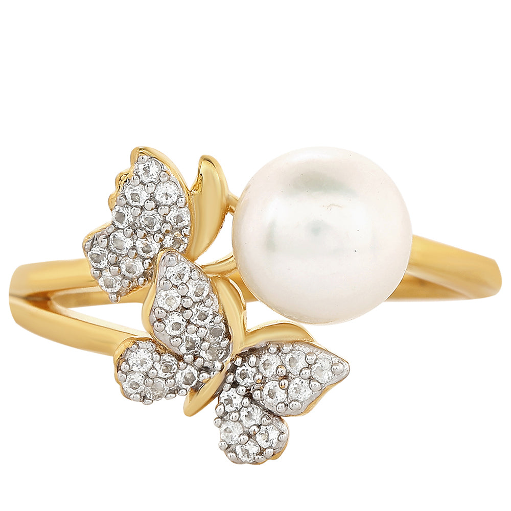 Inel din Argint 925 Placat cu Aur ( 2.39 grame ) cu Perlă de Cultură și Topaz Alb 2.37 Carate 1 