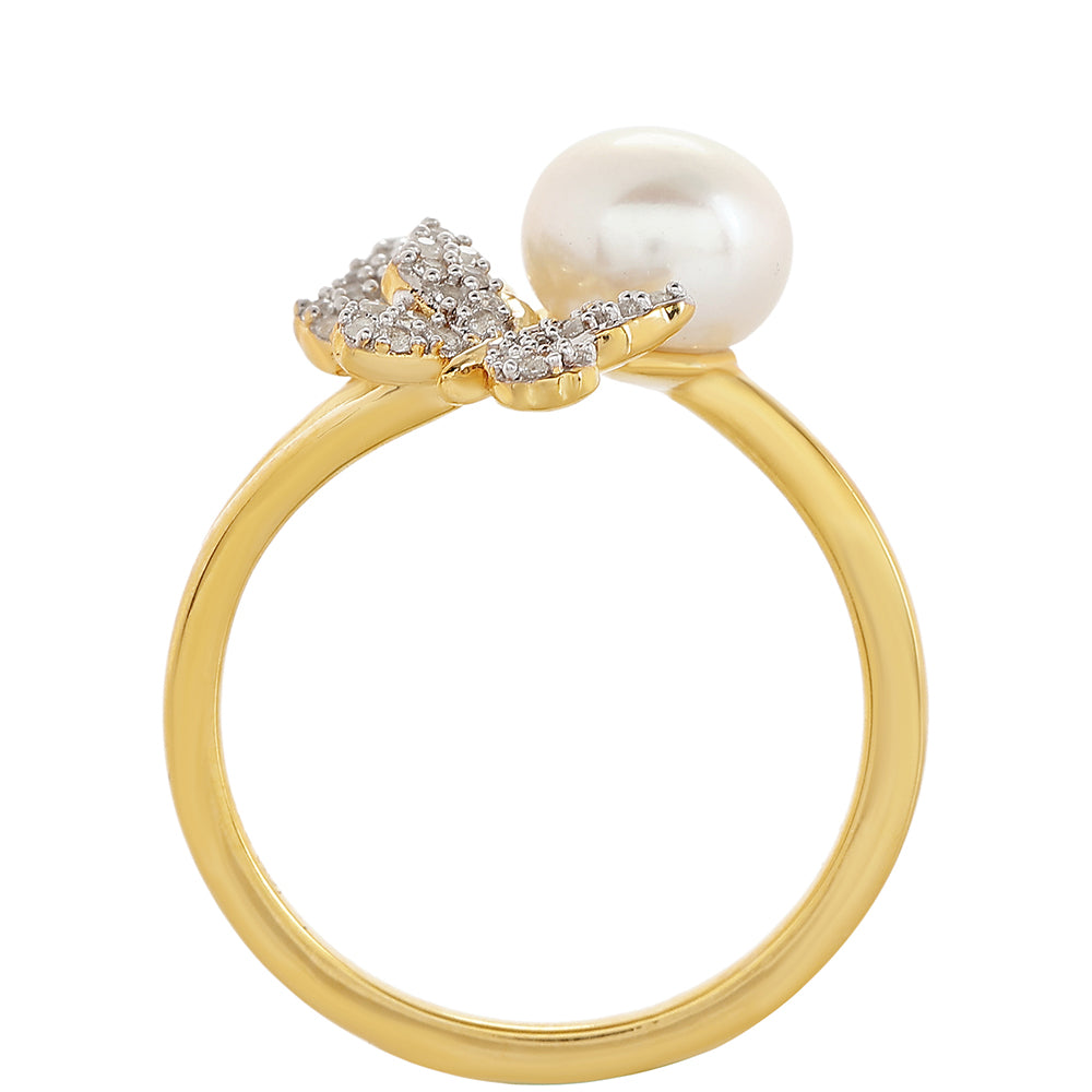 Inel din Argint 925 Placat cu Aur ( 2.39 grame ) cu Perlă de Cultură și Topaz Alb 2.37 Carate 3 