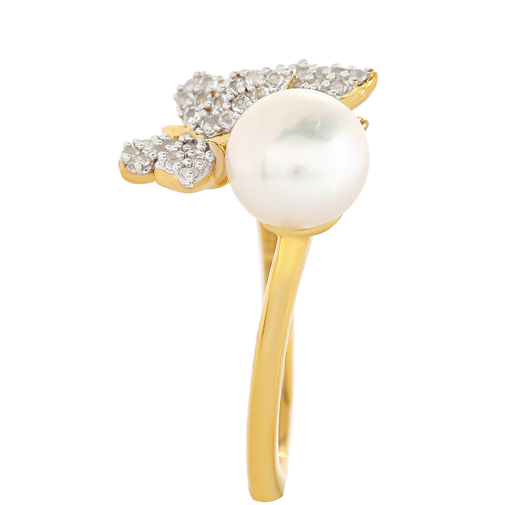Inel din Argint 925 Placat cu Aur ( 2.39 grame ) cu Perlă de Cultură și Topaz Alb 2.37 Carate 4 