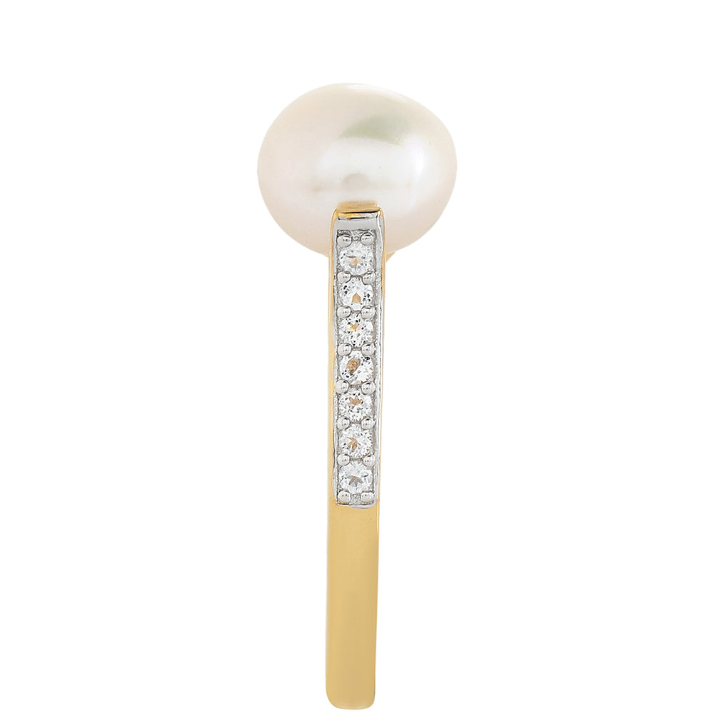 Inel din Argint 925 Placat cu Aur ( 1.9 grame ) cu Perlă de Cultură și Topaz Alb 2.49 Carate