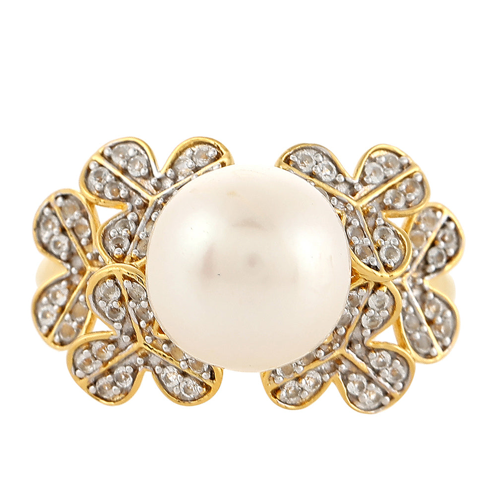Inel din Argint 925 Placat cu Aur ( 4.07 grame ) cu Perlă de Cultură și Topaz Alb 6.87 Carate