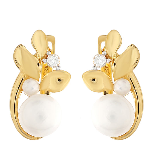 Cercei din Argint 925 Placat cu Aur ( 2.56 grame ) cu Perlă de Cultură și Topaz Alb 4.28 Carate