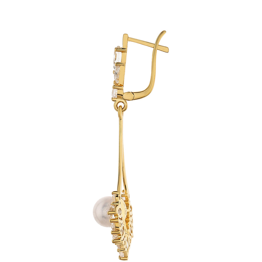 Cercei din Argint 925 Placat cu Aur ( 3.41 grame ) cu Perlă de Cultură și Topaz Alb 10.28 Carate 2 