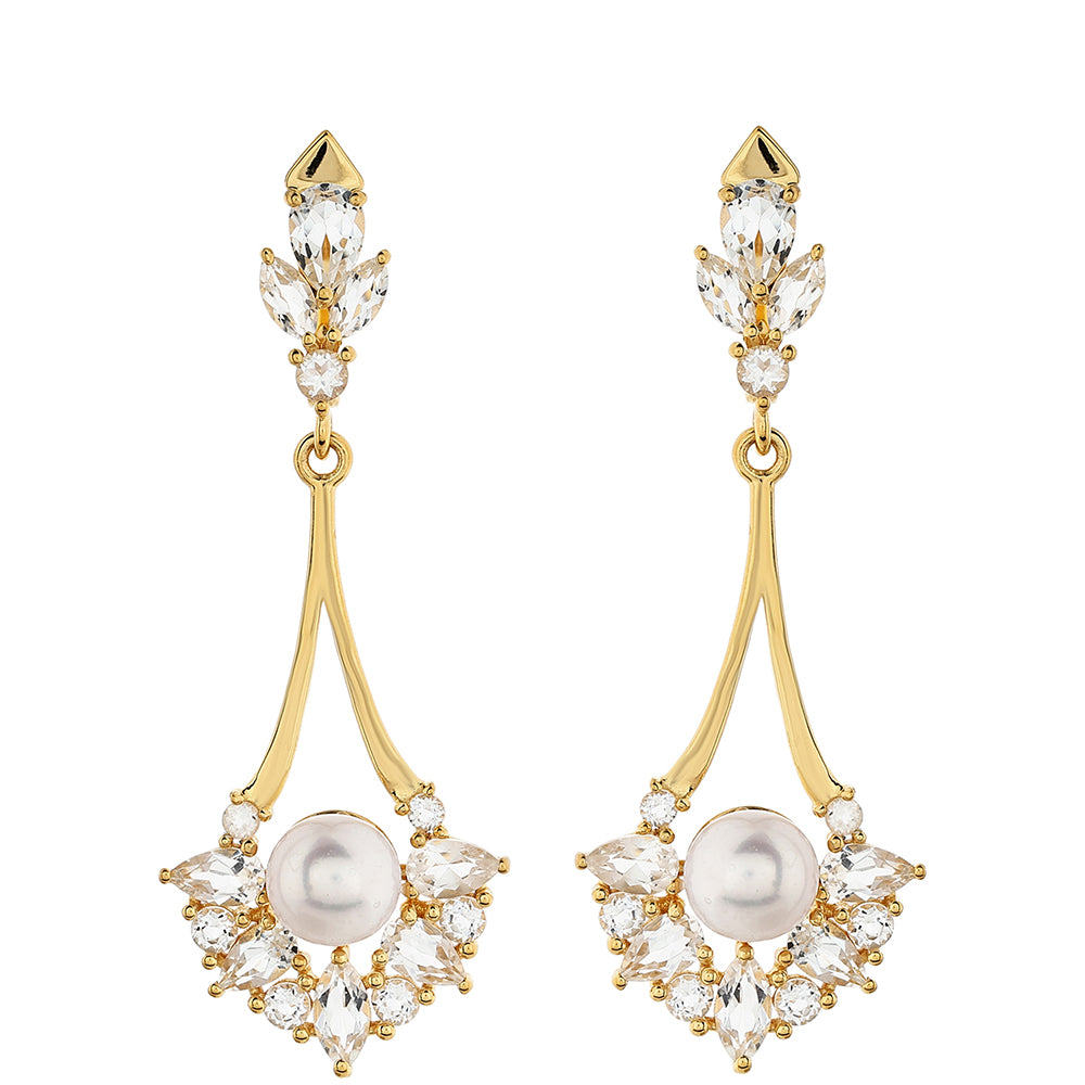 Cercei din Argint 925 Placat cu Aur ( 3.41 grame ) cu Perlă de Cultură și Topaz Alb 10.28 Carate