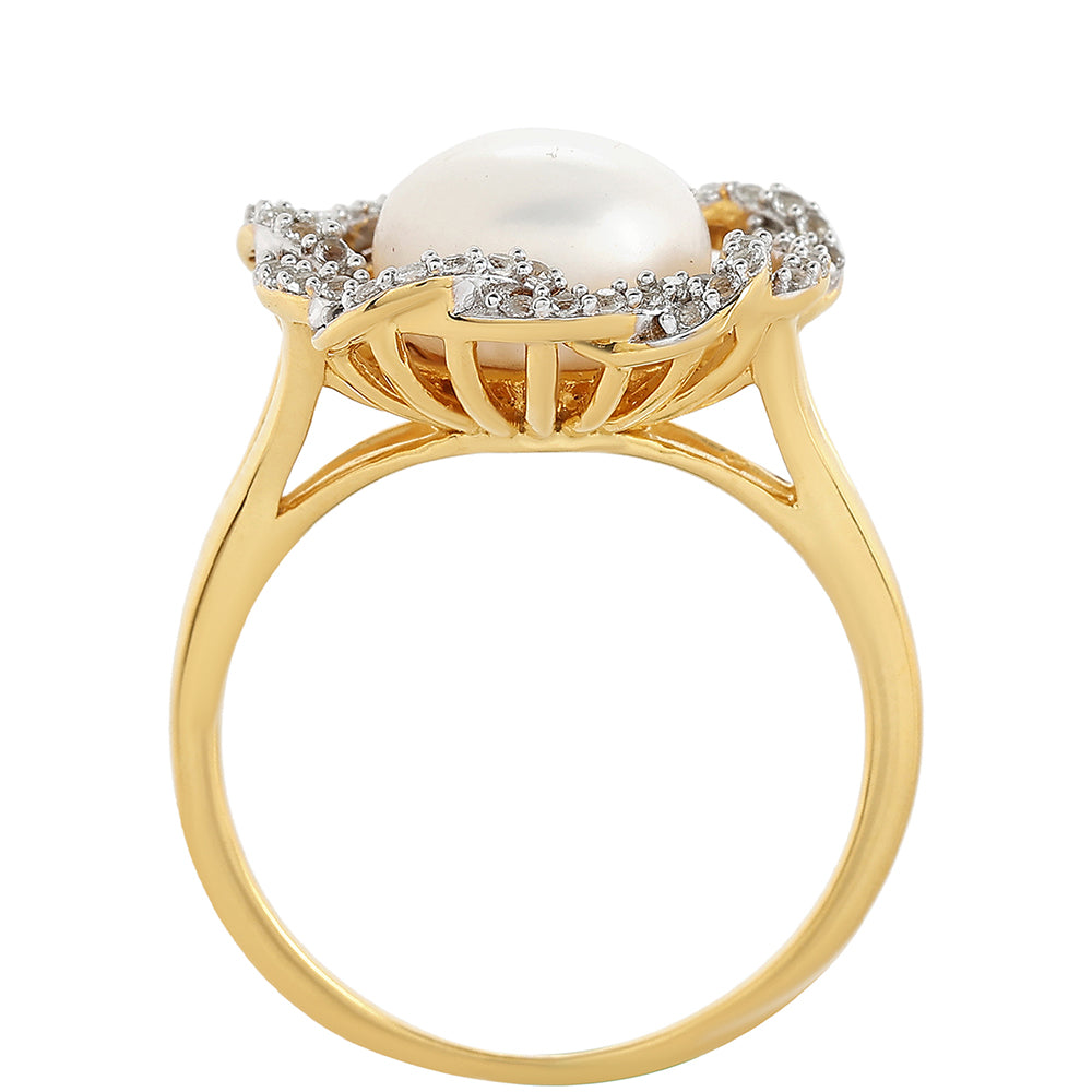 Inel din Argint 925 Placat cu Aur ( 4.04 grame ) cu Perlă de Cultură și Topaz Alb 4.47 Carate