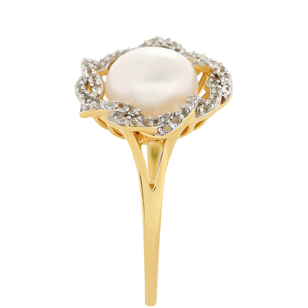 Inel din Argint 925 Placat cu Aur ( 4.04 grame ) cu Perlă de Cultură și Topaz Alb 4.47 Carate 4 
