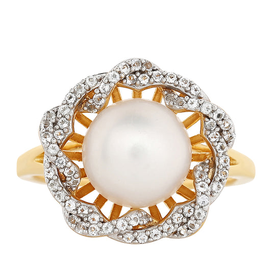 Inel din Argint 925 Placat cu Aur ( 4.04 grame ) cu Perlă de Cultură și Topaz Alb 4.47 Carate