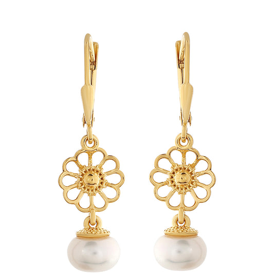 Cercei din Argint 925 Placat cu Aur ( 2.16 grame ) cu Perlă de Cultură 5.55 Carate