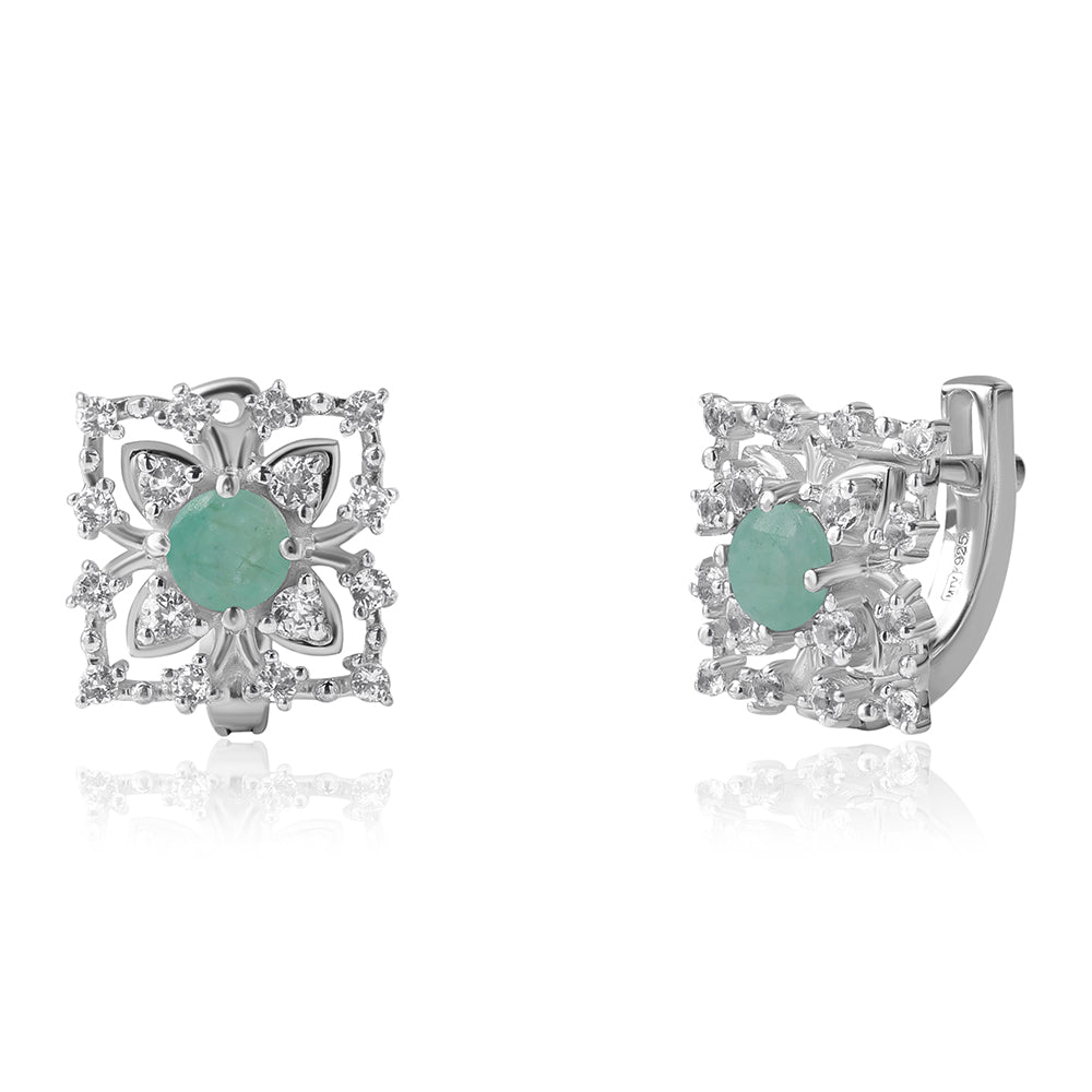 Cercei din Argint 925 ( 2.78 grame ) cu Smarald Brazilian și Topaz Alb 0.96 Carate 1 