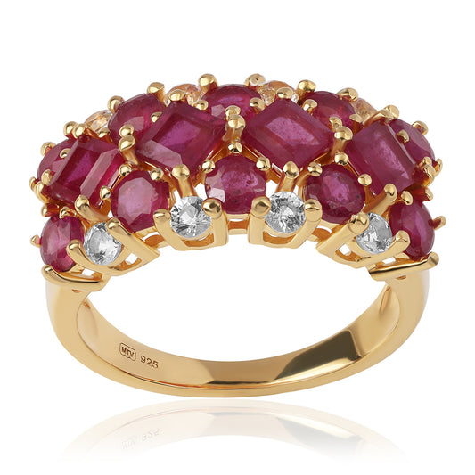 Inel din Argint 925 Placat cu Aur ( 4.63 grame ) cu Rubin Mozambic și Topaz Alb 5.42 Carate