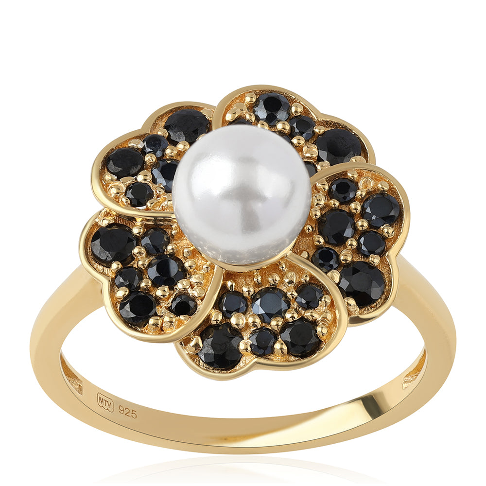 Inel din Argint 925 Placat cu Aur ( 4.15 grame ) cu Spinel Negru și Perlă de Apă Dulce Albă 3.46 Carate 1 