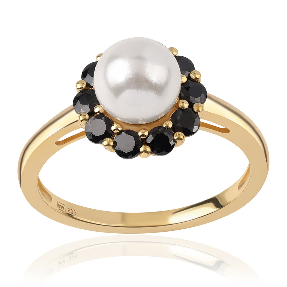 Inel din Argint 925 Placat cu Aur ( 2.49 grame ) cu Spinel Negru și Perlă de Apă Dulce Albă 3.42 Carate 1 