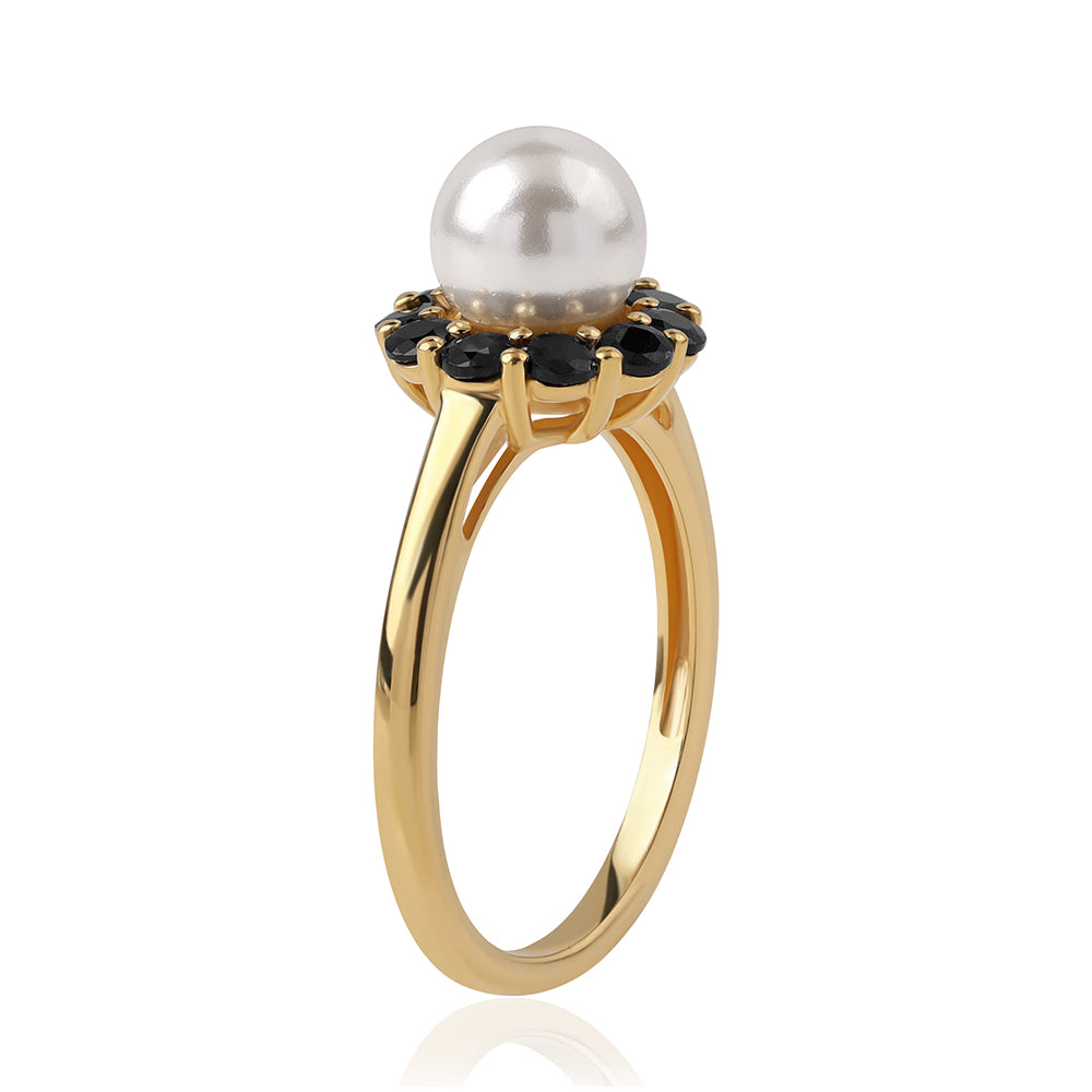 Inel din Argint 925 Placat cu Aur ( 2.49 grame ) cu Spinel Negru și Perlă de Apă Dulce Albă 3.42 Carate 2 