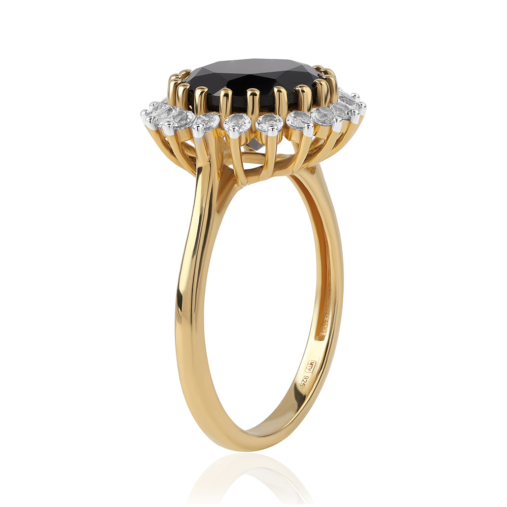 Inel din Argint 925 Placat cu Aur ( 3.38 grame ) cu Spinel Negru și Topaz Alb 6.54 Carate