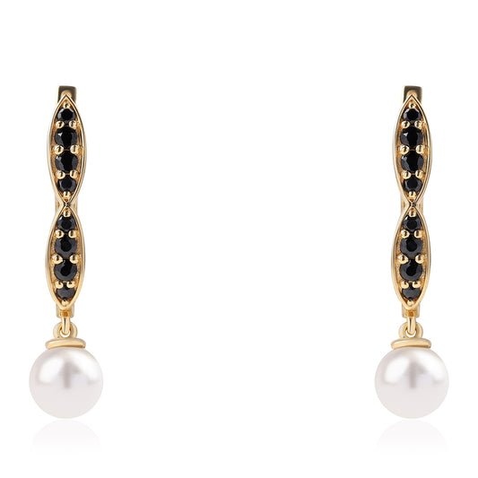 Cercei din Argint 925 Placat cu Aur ( 4.26 grame ) cu Spinel Negru și Perlă de Apă Dulce Albă 7.91 Carate