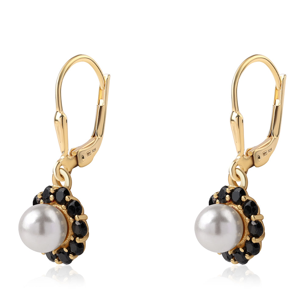 Cercei din Argint 925 Placat cu Aur ( 2.28 grame ) cu Spinel Negru și Perlă de Apă Dulce Albă 3.42 Carate 1 