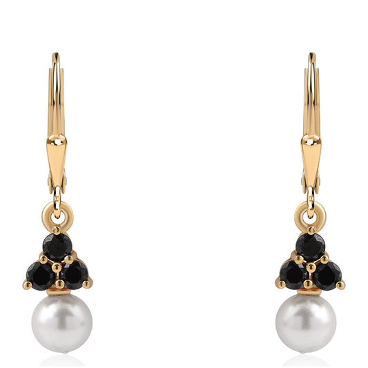 Cercei din Argint 925 Placat cu Aur ( 1.64 grame ) cu Spinel Negru și Perlă de Apă Dulce Albă 3.73 Carate