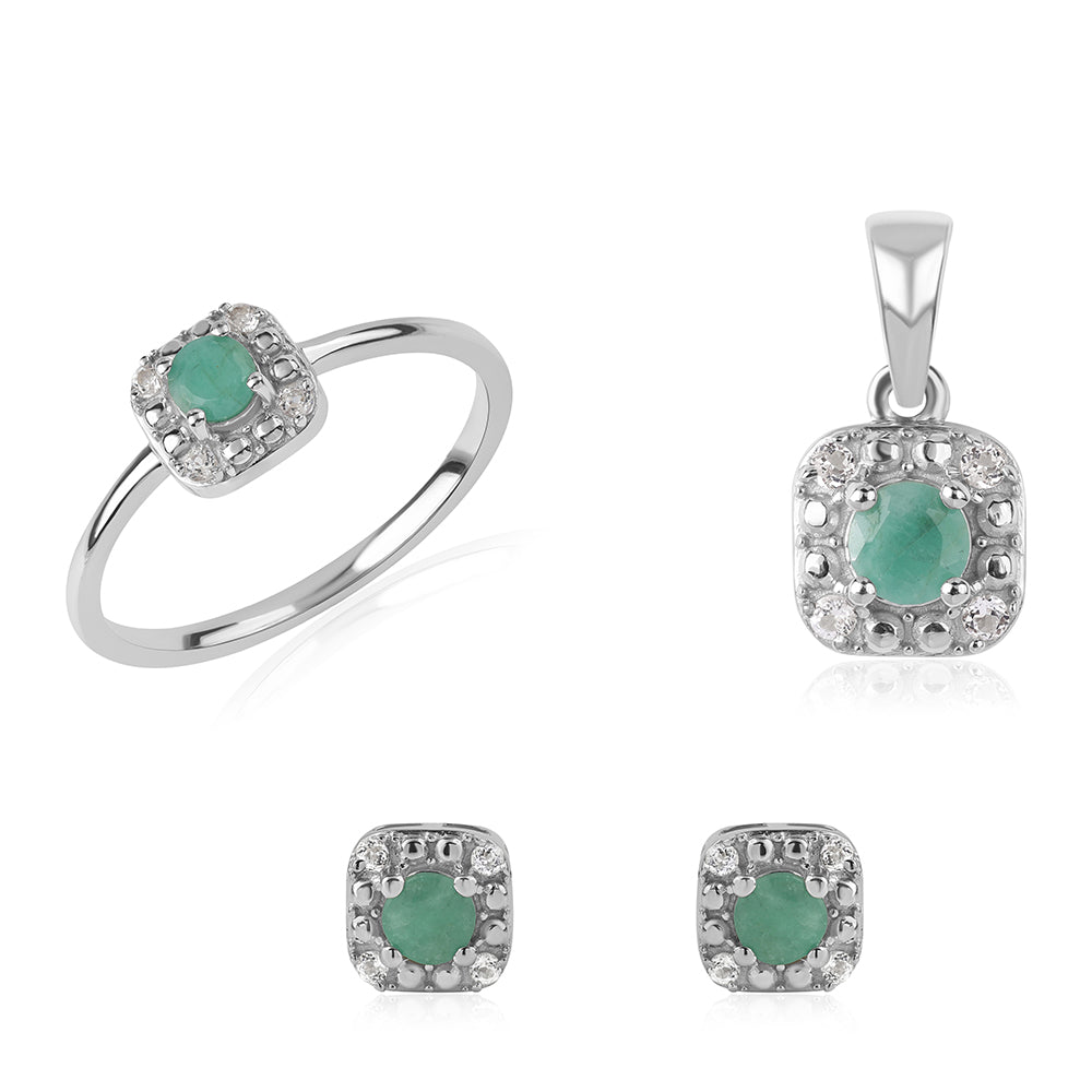 Set din Argint 925 ( 4.13 grame ) cu Smarald Brazilian și Topaz Alb 1.18 Carate ( Cercei+Inel+Pandantiv ) 1 