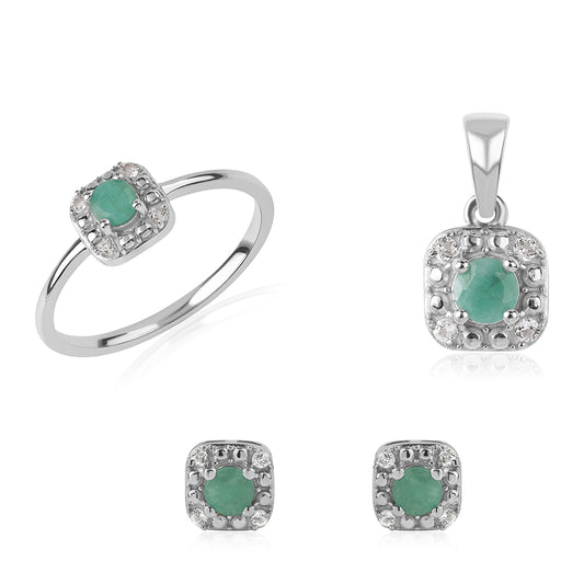Set din Argint 925 ( 4.13 grame ) cu Smarald Brazilian și Topaz Alb 1.18 Carate ( Cercei+Inel+Pandantiv )