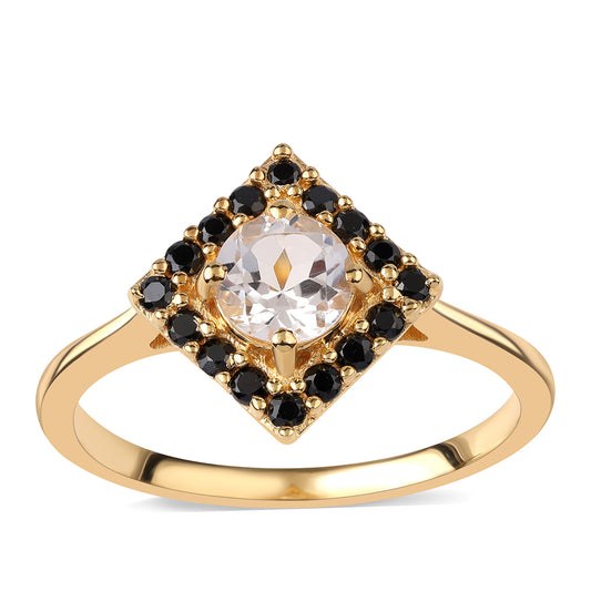 Inel din Argint 925 Placat cu Aur ( 2.75 grame ) cu Spinel Negru și Topaz Alb 1.32 Carate