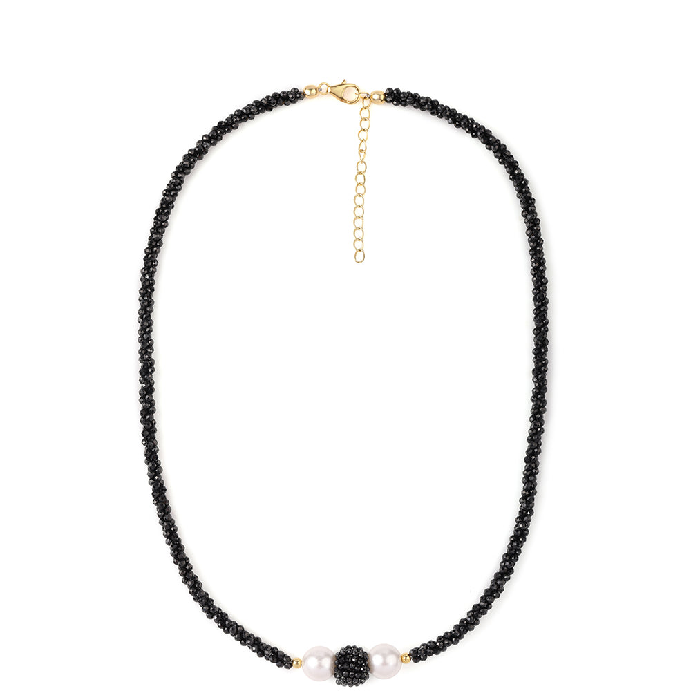 Colier din Argint 925 Placat cu Aur ( 0.96 grame ) cu Spinel Negru și Perlă de Apă Dulce Albă 79 Carate