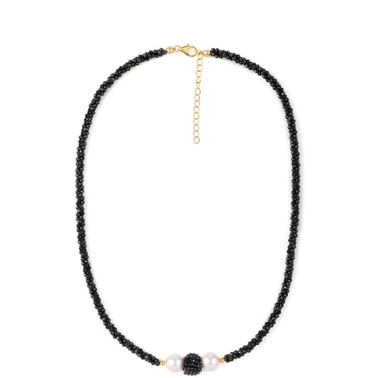 Colier din Argint 925 Placat cu Aur ( 0.96 grame ) cu Spinel Negru și Perlă de Apă Dulce Albă 79 Carate