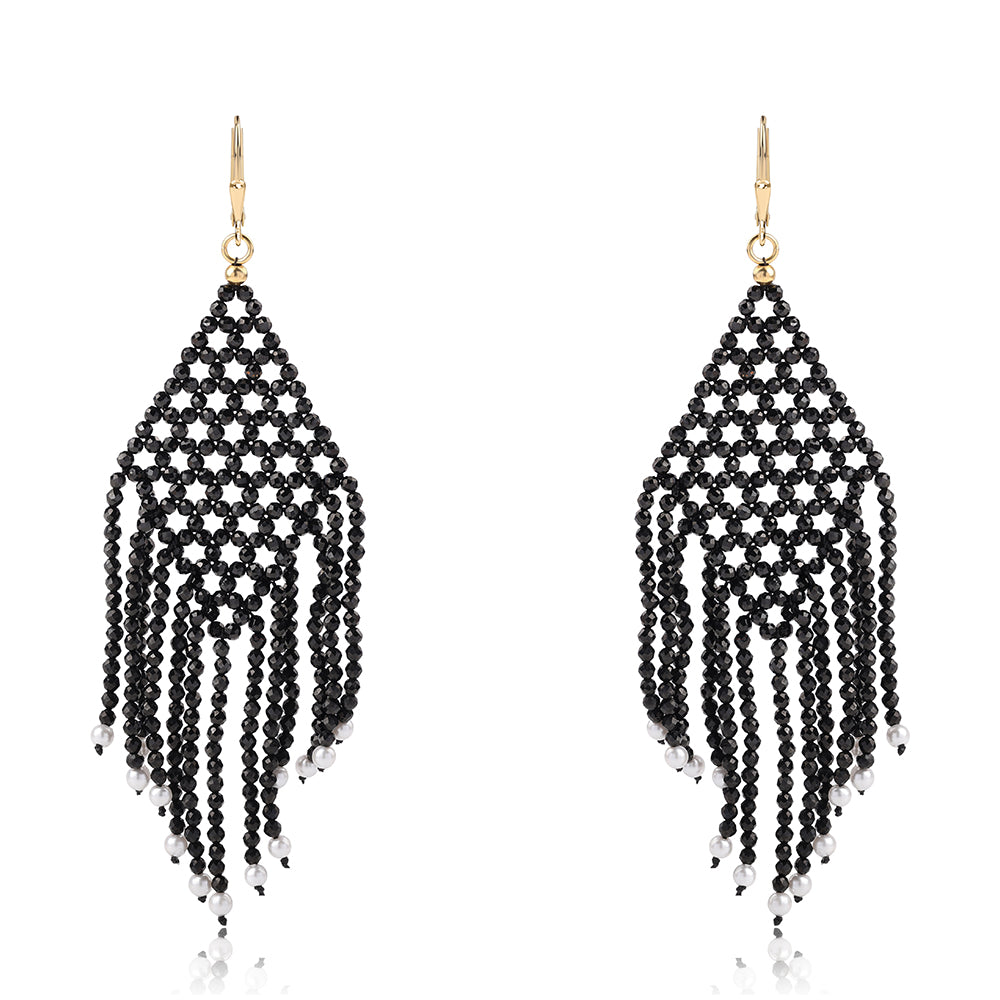 Cercei din Argint 925 Placat cu Aur ( 0.78 grame ) cu Spinel Negru și Perlă de Apă Dulce Albă 38.9 Carate