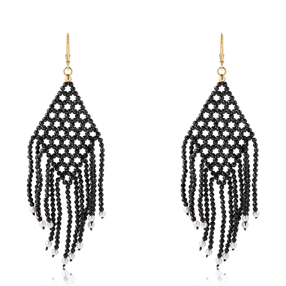 Cercei din Argint 925 Placat cu Aur ( 0.78 grame ) cu Spinel Negru și Perlă de Apă Dulce Albă 38.9 Carate 2 