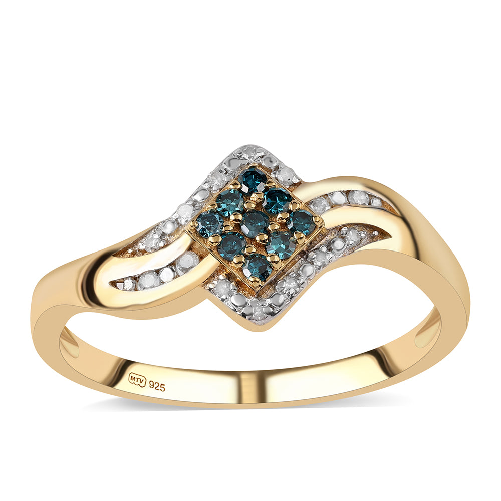 Inel din Argint 925 Placat cu Aur ( 2.16 grame ) cu Diamant Albastru și Diamant Alb 0.18 Carate 1 