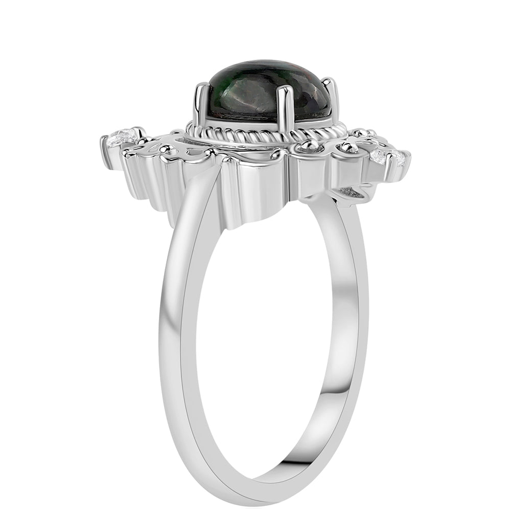 Inel din Argint 925 ( 4.07 grame ) cu Opal Etiopian Negru Lega Dembi și Topaz Alb 0.9 Carate 2 