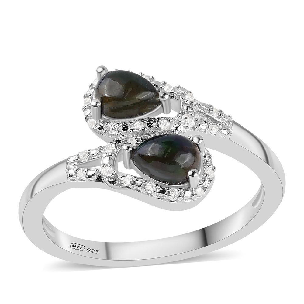 Inel din Argint 925 ( 3.43 grame ) cu Opal Etiopian Negru Lega Dembi și Topaz Alb 0.65 Carate 1 