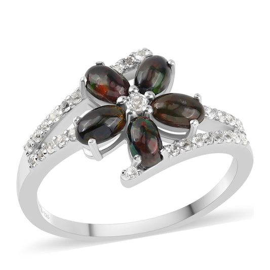 Inel din Argint 925 ( 2.99 grame ) cu Opal Etiopian Negru Lega Dembi și Topaz Alb 1.09 Carate