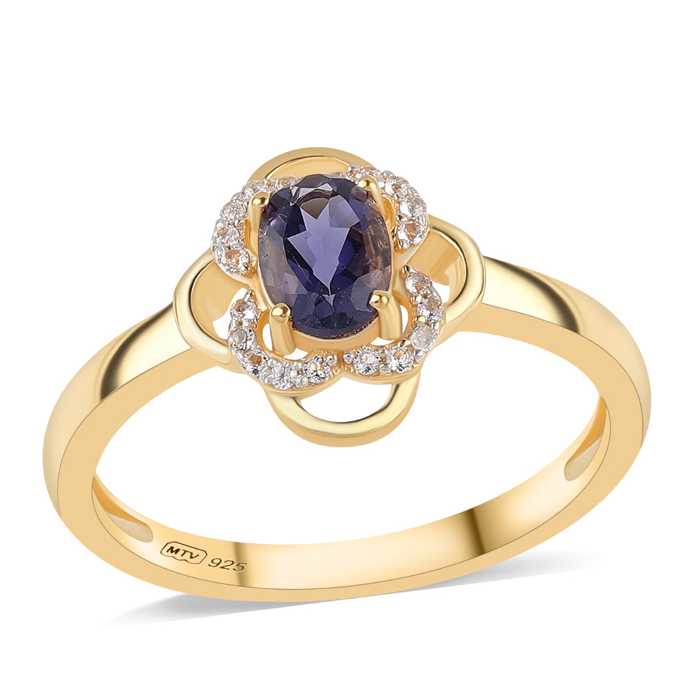 Inel din Argint 925 Placat cu Aur ( 2.72 grame ) cu Iolit și Topaz Alb 0.7 Carate 1 