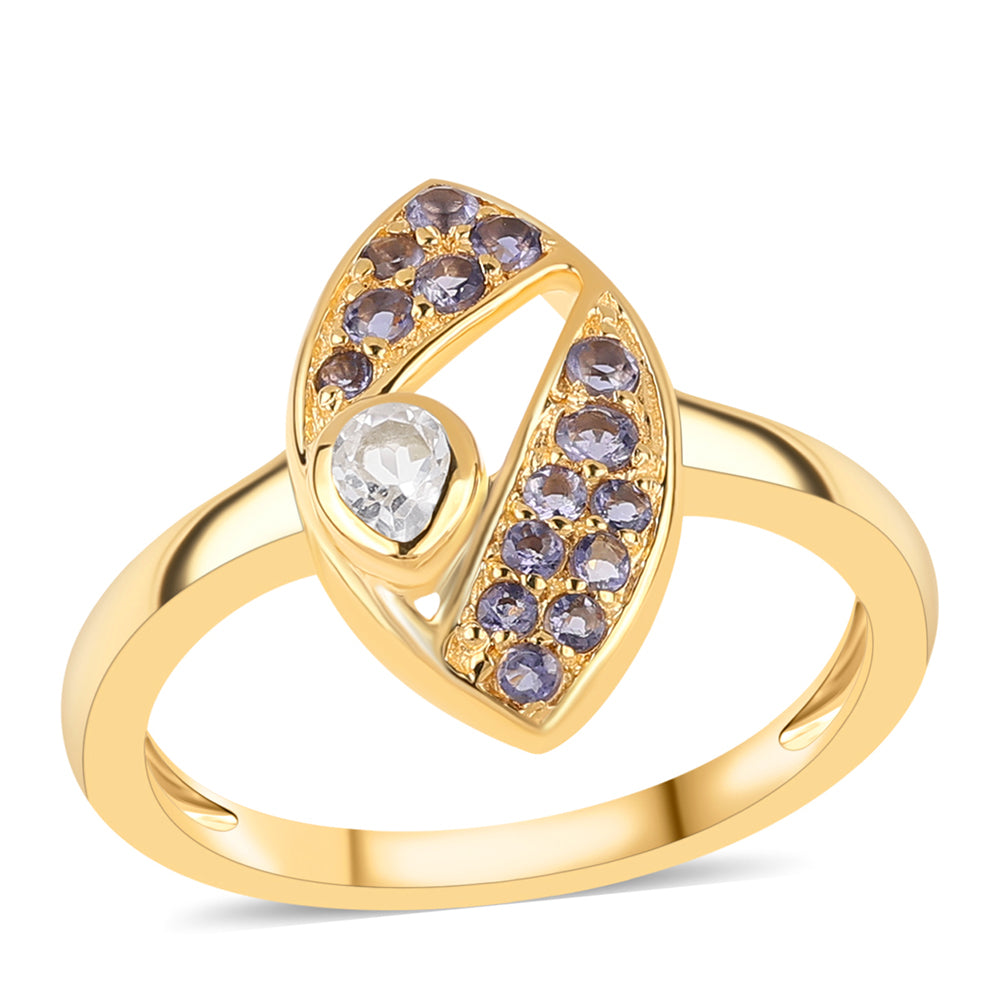 Inel din Argint 925 Placat cu Aur ( 3.02 grame ) cu Iolit și Topaz Alb 0.51 Carate 1 